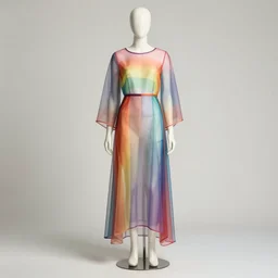 full-length photo of a mannequin wearing a sheer rainbow dress, fashion photography