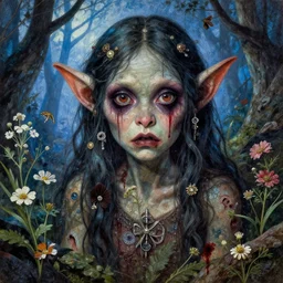a pretty but sinister and creepy goblin in layers of fear decoupage, with haunted eyes, violence in her eyes, 1 9 7 0 s, seventies, delicate embellishments, a little blood, woodland, blue dawn light shining on wildflowers and injuries, painterly, offset printing technique, by walter popp, alexandre cabanel