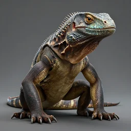 a large lizard man that guards a dangerous criminal who has a dislocated jaw, digital art, highly realistic, 3 d render octane
