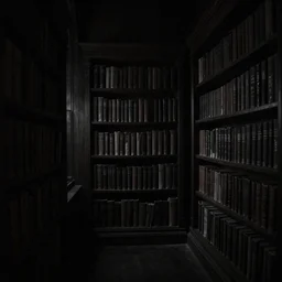 a gloomy shadowy midnight crypt room full of darkness with bookshelves. contrast:0, brightness:0. tags: chiaroscuro, darkframe, gothic. Low contrast, dim. This is a dim image.