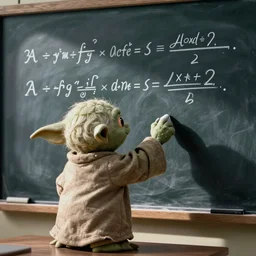 a photo of Yoda writimg math equations on a chalk board