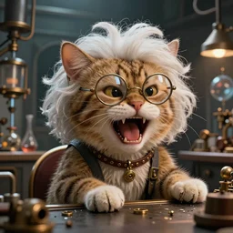 angry cat ready to take over the world, laughing maniacally, with einstein hair and glasses, in a mad scientist lab, steampunk, cinematic lighting, high detail, in the style of greg rutkowski