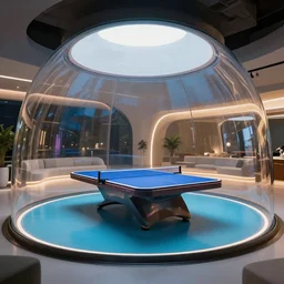 A table tennis table inside a pool inside a futuristic lounge in a glass dome, designed by zaha hadid, octane render, ray tracing, 8k resolution, sharp