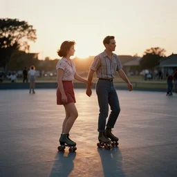 a 35mm photograph of a man and a woman roller skating at a roller rink in the 1950's at sunset, bokeh, Canon 50mm, cinematic lighting, photography, retro, film, Kodachrome, award-winning, rule of thirds, golden hour
