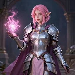 beautiful pink short haired half elf woman cleric armor, healing magic, 4 k, highly detailed