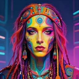 colorful bust portrait of a hippie from the future, set in the future 2 1 5 0 | highly detailed face | very intricate | symmetrical | professional model | cinematic lighting | award - winning | painted by mandy jurgens | pan futurism, dystopian, bold colors, cyberpunk, groovy vibe, anime aesthestic | featured on artstation