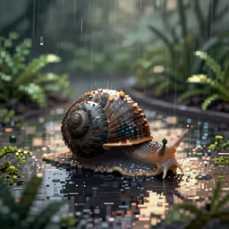 moist snail in rainy garden, melancholy, pixel art style