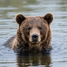 halfway submerged bear in a lake, fierce eyes 4K photo