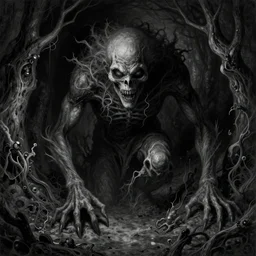 a ghoulish creature emerging from the shadows, dark surrealist art in the style of zdizlaw beksinski, highly detailed, intricate details