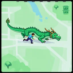 man running chasing dragon on map view (from top), 16bit graphics