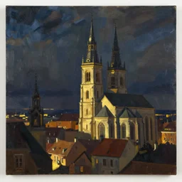 city, church, night, dramatic light, oil painting, by caspar david friedrich