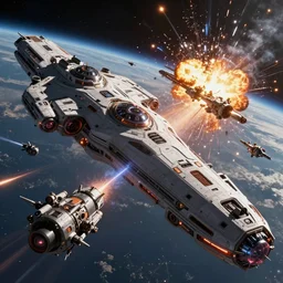 an epic spaceship battle in low earth orbit between two waring factions, explosions. cinematic. stunning, gorgeous, intricate detail, alena aenami, masterpiece, 4 k.