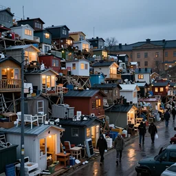 photo street scene of a huge hastily built shanty town in skanstull, stockholm sweden. cables, furniture, electronics, ikea, tiny housing, cosy, many small lights, small spaces, stacked shacks, clean, tidy, no personal space, crowded, dramatic lighting, dusk, after the rain, hoarders, hordes of the zombies everywhere.