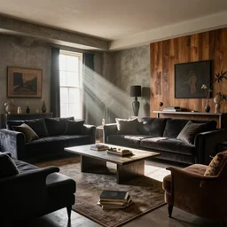 god rays, volumetric lighting, a tastefully decorated living room with dark luxurious furnishings, and a mix of antique and modern furniture, and a mix of concrete and wood finishes