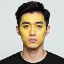 a man with a sweating emoji face, make - up art, studio portrait photography