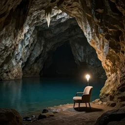 a huge cave, black cave lake, water, chair stool armchair under a lightbulb, surreal, highly detailed, artstation, smooth, sharp focus, by greg rutkowski, 8 k