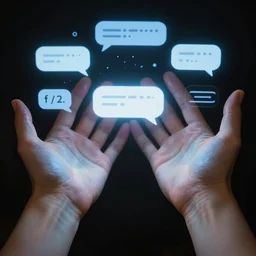 3 5 mm f / 2. 3 first - person photograph view of two hands coated with projected imessage chat ui, chat bubble interface projected onto the inside of my arms, volumetric beams illuminating my arms with glowing ui