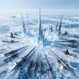 frozen ocean with battle weapons scattered and spires, by peter mohrbacher dan mumford craig mullins nekro, cgsociety, pixiv, volumetric light, 3 d render
