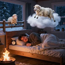 a happy man sleeping on a single person bed, he has an old alarm clock near, he is in canada, it's snowy, a cloud is above his head, in the cloud white sheeps are jumping a fence, the sheeps are happy, an incandescent fire pit is warming the whole bedroom, he is covered and comfortable, it's night and the bedroom is dark