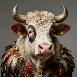 a hyper detailed full face portrait of a ( ( ( anthropomorphic ) ) ) joaquin phoenix!!!!!!! as the king!!!! of animals, ( ( ( ( cow ) ) horns, ( ( ( pig nose ) ) ), sheep wool, chicken! feathers!!!!, horror, anna podedworna, miklos ligeti