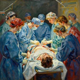 by otto dix, by clive barker balmy, peaceful ancient roman. a beautiful drawing of a team of surgeons gathered around a patient on an operating table, with one surgeon in the process of cutting into the patient's chest. the drawing is full of intense colors & brushstrokes, conveying the urgency & intensity of the surgery.