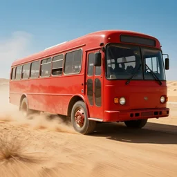 photo of a red bus in desert, mad max fury road style, dynamic, fast moving
