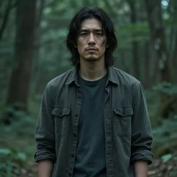 a long, dark haired man, 2 8 years old, five o'clock shadow casually dressed, cinematic, gloomy forest background, realistic, digital art, character art, 8 k
