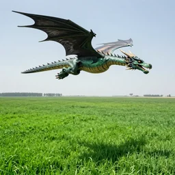Dragon flying above a green field in style of M. C. Escher