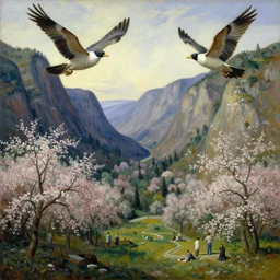 a valley with trees in flower. giant birds flying. full - length, oil painting in a modern style, very detailed, painted by caravaggio, greg rutkowski, thomas kindkade, enki bilal, tony sandoval, norman rockwell, tom bagshaw.