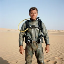 a man wearing an old diving suit, in the desert, arriflex 35