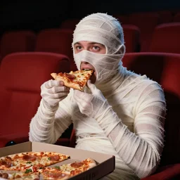 a mummified person going to the cinema eating pizza
