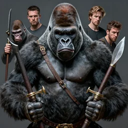 frightening gorillas warrior portrait, weapons in hand, art by artgerm, wlop, loish, ilya kuvshinov, tony sandoval. 8 k realistic, hyperdetailed, symmetrical face