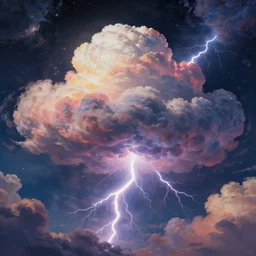 A detailed and realistic painting of a huge colourful cloud in space, with lots of other clouds around, with incredibly huge lightning with 8k resolution, in the artistic style of fantasy art