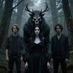 style artgerm, joshua middleton, diego fazio, rafael albuquerque : : scary wendigo with antlers and skull face mixed with werewolf : : [ [ beautiful witch wearing a black dress, symmetrical face, on the right side ] ] : : in the forest, detailed, dark and foggy, cinematic lighting