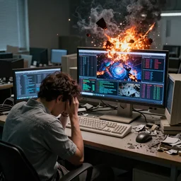 a high resolution color photo of a sad man in a messy office room with many computer screens watching the complex algorithms and the collapse of the entire universe live streaming on a vintage computer screen, explosions, photoshop, unreal engine, forest fire, storm, fire, earthquake, debris