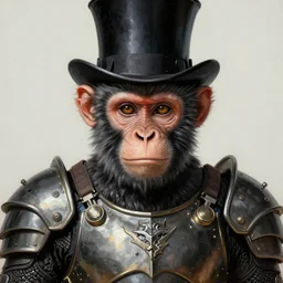photorealistic painting of a monkey with a top hat, partially clothed in metal-plated battle armor, symmetrical face, perfect eyes, intricate, elegant, digital painting, concept art, illustration, sharp focus, minimal artifacts, from Metal Gear, in the style of Ruan Jia and Mandy Jurgens, by Greg Rutkowski, trending on Artstation, award winning