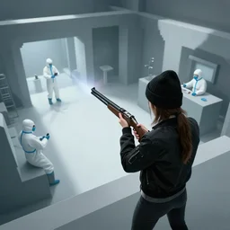 mixed woman wearing a black beanie and black bomber jacket holds a shotgun, shootout with scientists wearing hazmat suits, underground lab, MC Escher style architecture, sterile, unknown location, photo taken from above, light and shadows, video game concept art