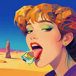 a colorful vibrant closeup portrait of a rock formation in the desert licking a tab of lsd acid on his tongue and dreaming psychedelic hallucinations, by kawase hasui, moebius, edward hopper and james gilleard, zdzislaw beksinski, steven outram colorful flat surreal design, hd, 8 k, artstation