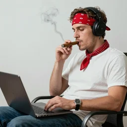 a color photo of a young white man smoking a cigar on the mouth writing on the laptop while sitting on a chair, he has headphones, red bandana, wears a watch,