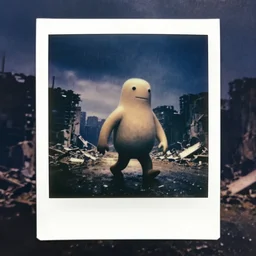 old polaroid of a big weird creature walking on a destroyed city, rain, dark sky