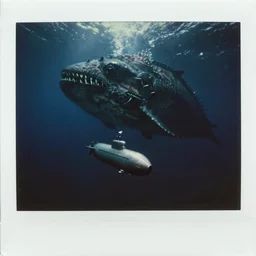a submarine cruising over a the eye of a massive sea creature, murky water, dark water, dark!!!, creepy, terrifying, megalophobia, huge!!!, scary, old polaroid, expired film,