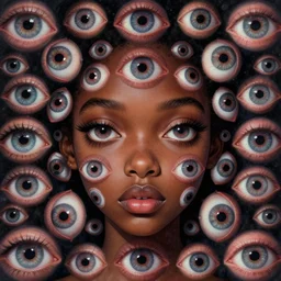 eyes!! a black girl with many eyes!, surreal art by colin christian and junji ito and h. r. giger, trypophobia! eyes, symmetry, eyes everywhere, symmetry!