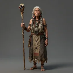 an concept art illustration, photorealistic full body shot, old lady tribal shaman with staff standing, full shot, ultra realistic, style by wlop, trending in artstation, cgsociety, octane render, ultra sharp, concept illustration, digital painting, 8 k
