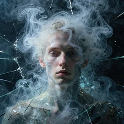 artificial consciousness, delirium, chaotic storm of twisting liquid smoke portrait, by tom whalen, liam brazier, peter mohrbacher, artgerm, shattered glass, bubbly underwater scenery, radiant light