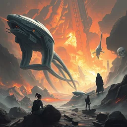 illustration of an alien invasion, bae 1 5 dc, futuristic, destruction, realism, cinematic, film, 1 2 8 k, by mandy jurgens