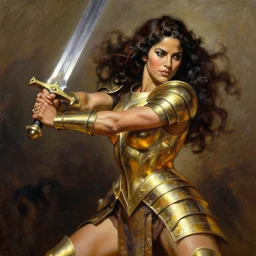 A Frank Frazetta oil painting of a beautiful muscular Salma Hayek wearing gold armor holding a large steel sword , dynamic shot , HD 4k , intricate , highly detailed , atmospheric , sharp, uncropped