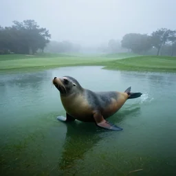 a california sea lion swimming underwater over a flooded, submerged golf course, ethereal, atmospheric