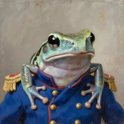 a head - and - shoulders portrait of an amazon milk frog wearing a blue continental army uniform without a hat, an american romanticism painting, oil on canvas, cgsociety, soft focus