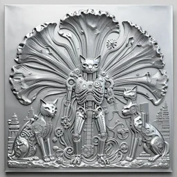 epic diptych, vaporwave, flat shaped chrome relief, fossil, mechanic bionic fungus flower cyberpunk cats skeleton mechabot, wires, joints, buttons, gears, dissection relief, by Lorenzo Ghiberti, by Goga Tandashvili, artstation, cgsociety, at Khajuraho, by jonathan ivy, by artgerm