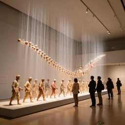 photo of an exhibit museum room, people looking at an installation art depicting the full history of humanity, big mockups, national art museum, beautiful lights, ethereal, rule of thirds, megalophobia